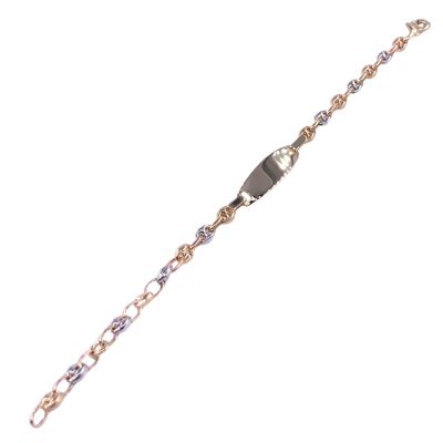 Bracelet identité en or jaune maille grain de café tricolore, plaque tonneau