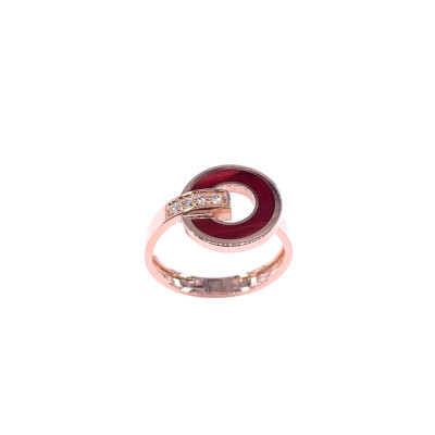 Bague en or rose, diamants et résine nacrée rouge coquelicot