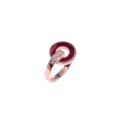 Bague en or rose, diamants et résine nacrée rouge coquelicot