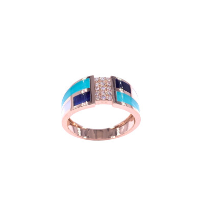 Bague en or rose, diamants et résine nacrée turquoise, blanche et bleue