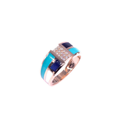 Bague en or rose, diamants et résine nacrée turquoise, blanche et bleue