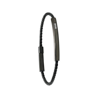 Bracelet en acier pvd noir, cuir noir et diamants