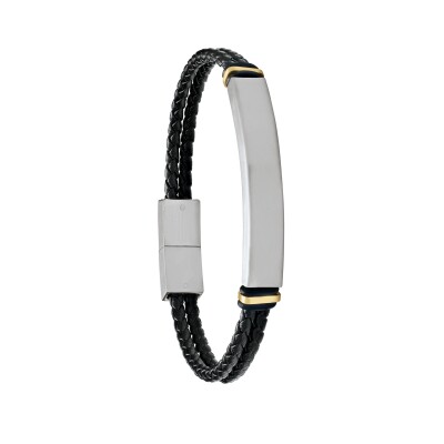 Bracelet en acier bicolore et cuir noir