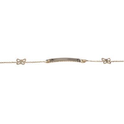 Bracelet identité en or jaune motif papillon, plaque rectangle