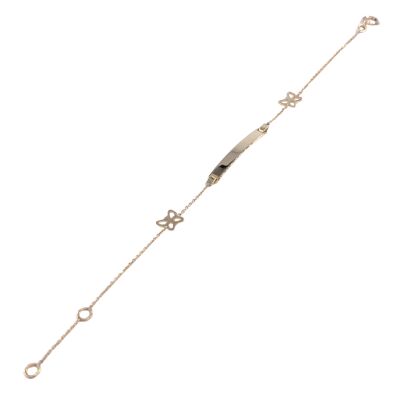 Bracelet identité en or jaune motif papillon, plaque rectangle