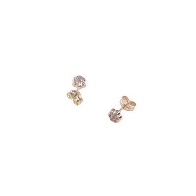 Boucles d'oreilles en or jaune motif fleur zirconium, fermoir poussette
