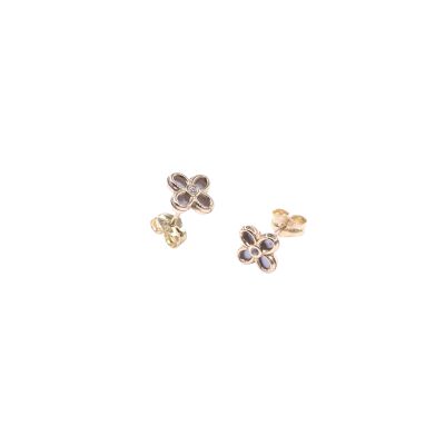 Boucles d'oreilles en or jaune motif fleur nacre et zirconium, fermoir poussette