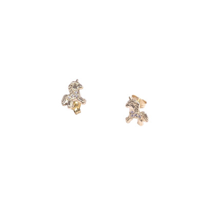 Boucles d'oreilles en or jaune motif licorne zirconium, fermoir poussette