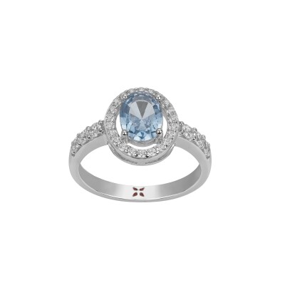 Bague Griffe Rouge en argent, spinelle synthétique bleue et oxydes de zirconium