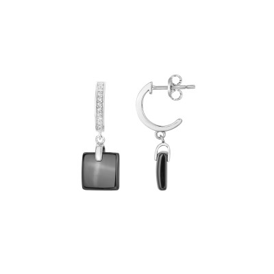 Boucles d'oreilles en argent, céramique noire et oxydes de zirconium