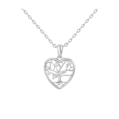 Collier en argent et oxydes de zirconium, motif cœur arbre de vie