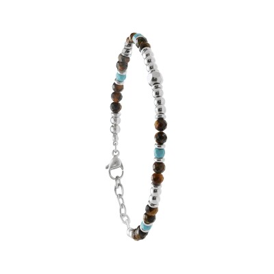 Bracelet en acier, œil de tigre et turquoise