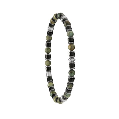 Bracelet en acier, agate noire, turquoise africaine et hématite