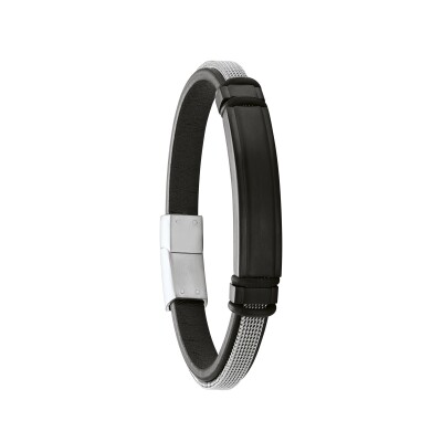Bracelet en cuir noir et acier bicolore noir
