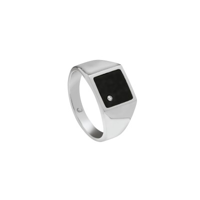 Bague en acier, onyx et diamant de synthèse