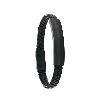 Bracelet en cuir noir, acier PVD noir et carbone