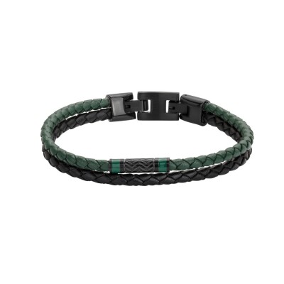 Bracelet en cuir noir et vert avec fermoir acier noirci