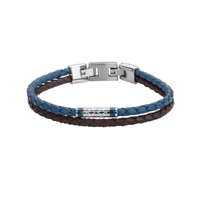 Bracelet en cuir bleu et marron avec fermoir acier
