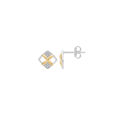 Boucles d'oreilles fleur en argent, or jaune et oxyde de zirconium