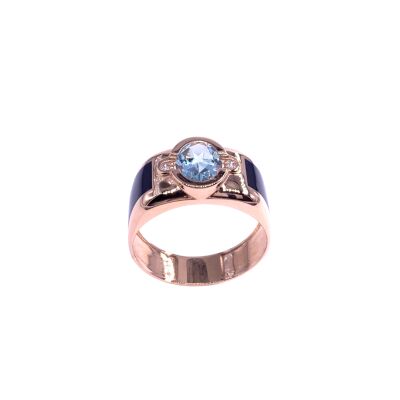 Bague en or rose, topaze bleue traitée, diamants et résine nacrée bleu de Prusse