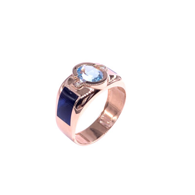 Bague en or rose, topaze bleue traitée, diamants et résine nacrée bleu de Prusse