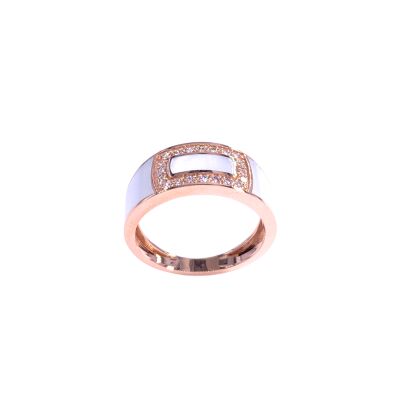 Bague en or rose, diamants et résine nacrée blanche