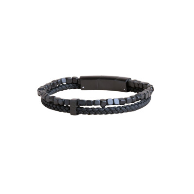 Bracelet double en nylon noir, agate noire et fermoir acier noir