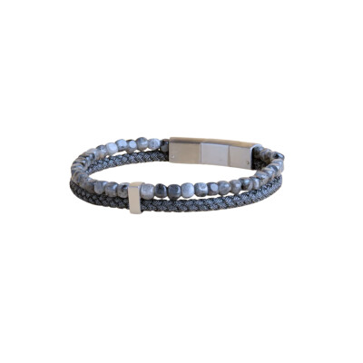 Bracelet double en nylon gris, pierre naturelle grise et fermoir acier