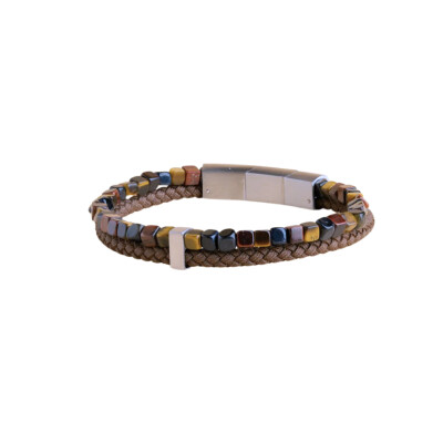 Bracelet double en nylon marron, œil de tigre et fermoir acier