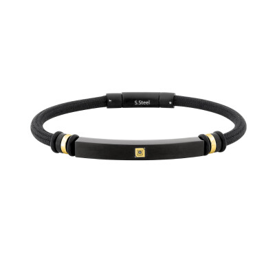 Bracelet en acier doré, caoutchouc, nylon noir et diamants noirs traités