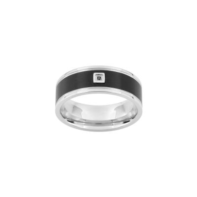 Bague en acier, acier noir et diamants noirs traités