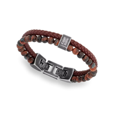 Bracelet en acier vintage, cuir tressé rouge et œil de taureau