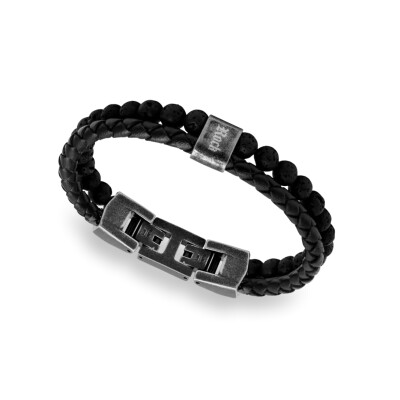 Bracelet en acier vintage, cuir tressé noire et pierre de lave