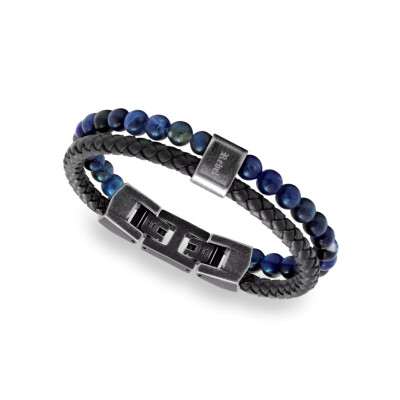 Bracelet en acier vintage, cuir tressé bleu et lapis lazuli