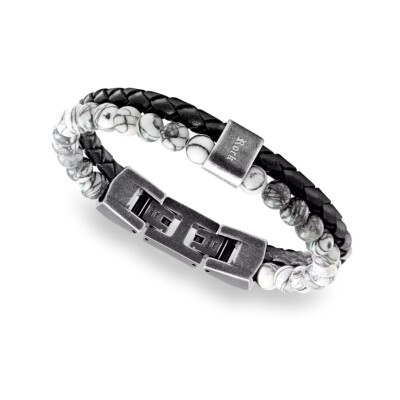 Bracelet en acier vintage, cuir tressé noir et jaspe gris