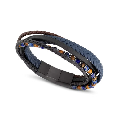 Bracelet en acier noir, cuir noir, marron, bleu et lapis lazuli et œil de tigre faceté