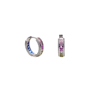 Boucles d'oreilles créoles en argent, oxydes colorés et oxydes de zirconium
