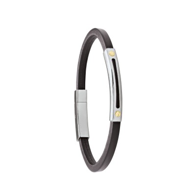 Bracelet en acier, cuir brun et insert en or