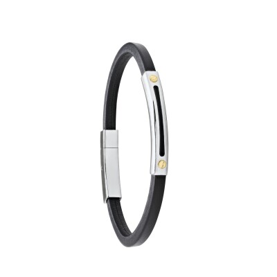 Bracelet en acier, cuir noir et insert en or