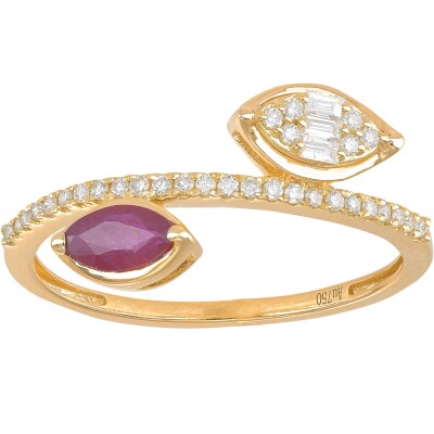 Bague Toi et Moi, diamants 0,16ct et rubis navette 0,34ct, Or jaune 18k