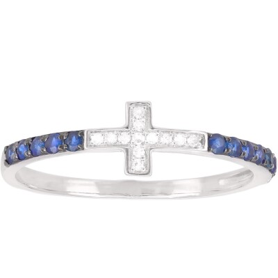 Bague Croix, diamants 0,03ct et saphirs 0,24ct, Or gris 18k