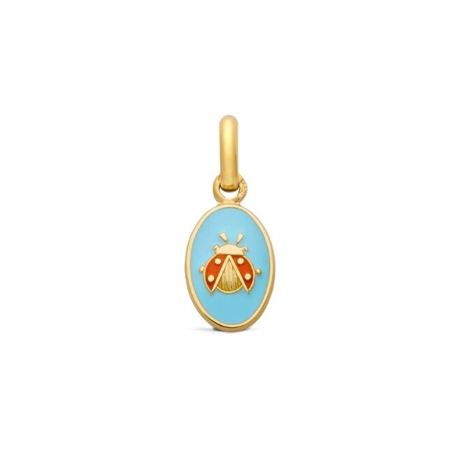 Pendentif Arthus Bertrand mini médaille Coccinelle en or jaune et résine bleu ciel