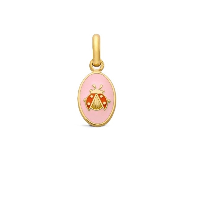 Pendentif Arthus Bertrand mini médaille Coccinelle en or jaune et résine rose poudré