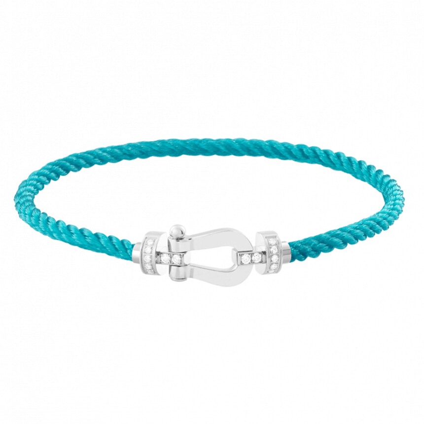 Bracelet FRED Force 10 moyen modèle manille en or blanc, diamants et câble en corderie bleu turquoise
