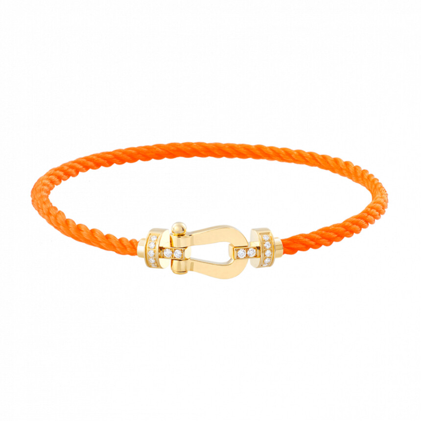Bracelet FRED Force 10 moyen modèle manille en or jaune, diamants et câble en corderie orange fluo