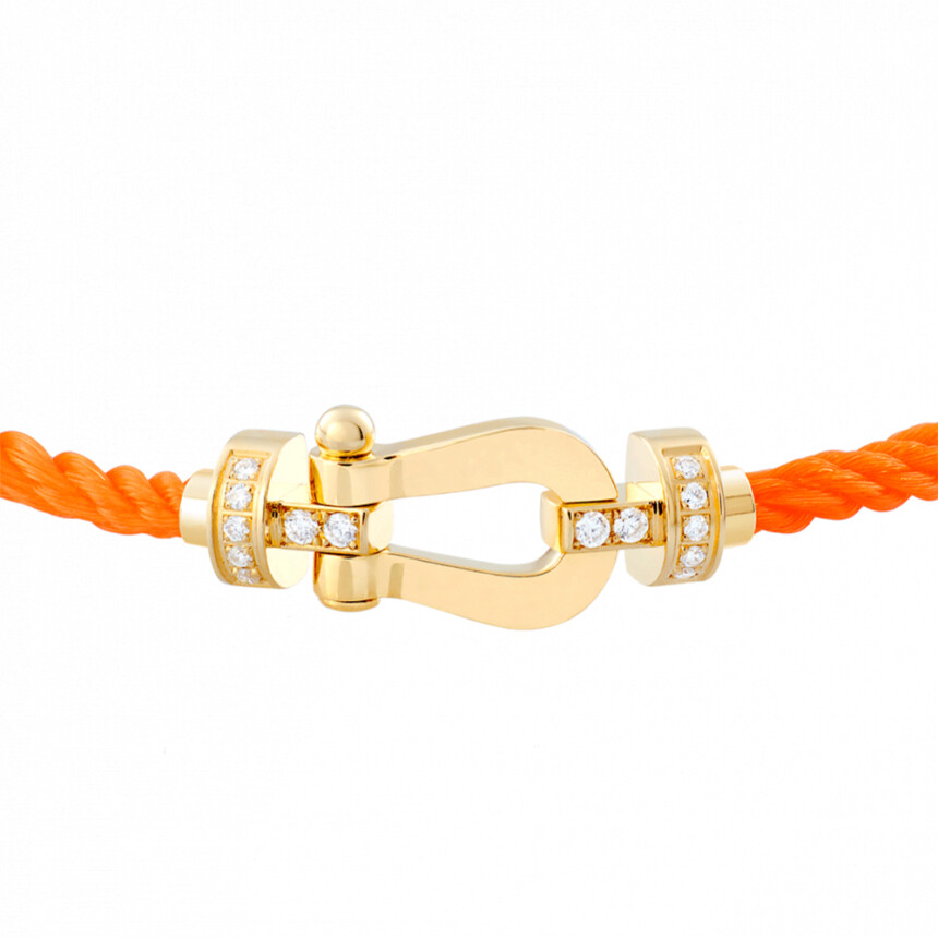 Bracelet FRED Force 10 moyen modèle manille en or jaune, diamants et câble en corderie orange fluo