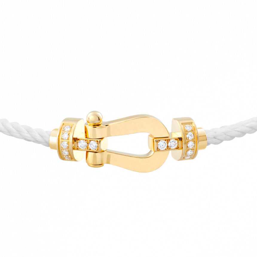 Bracelet Fred Force 10 moyen modèle manille en or jaune, diamants et câble en corderie blanche