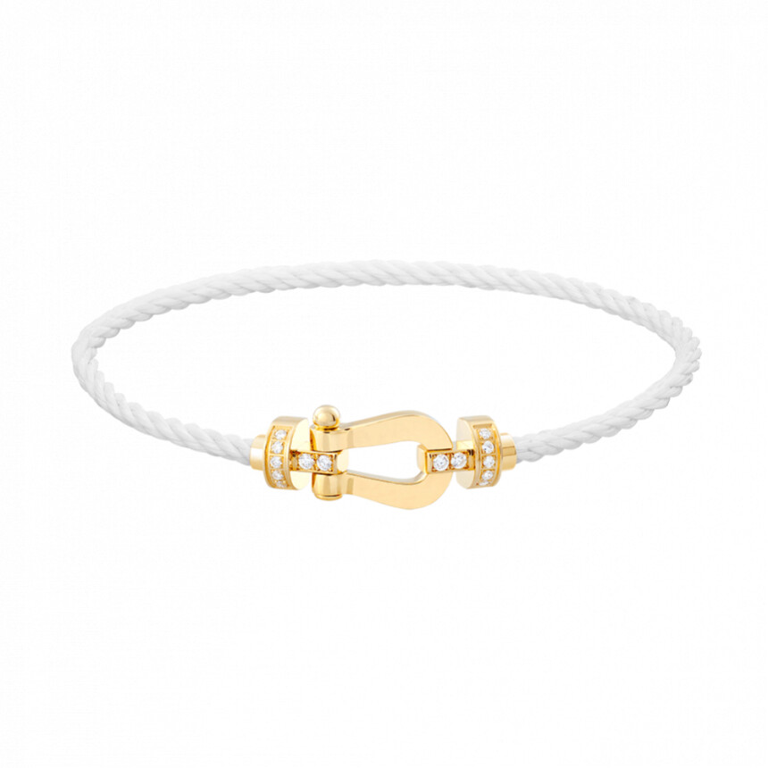 Bracelet Fred Force 10 moyen modèle manille en or jaune, diamants et câble en corderie blanche