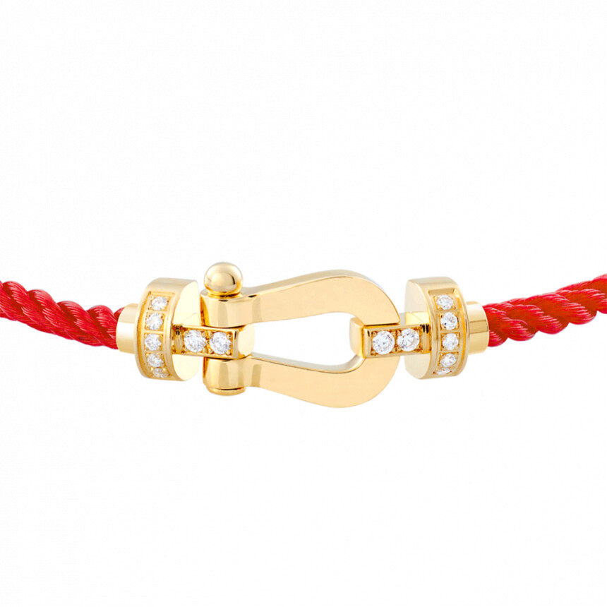 Bracelet FRED Force 10 moyen modèle manille en or jaune, diamants et câble en corderie rouge