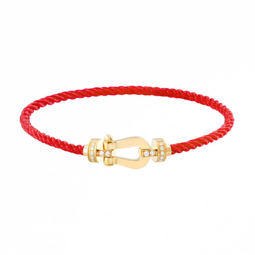 Bracelet FRED Force 10 moyen modèle manille en or jaune, diamants et câble en corderie rouge
